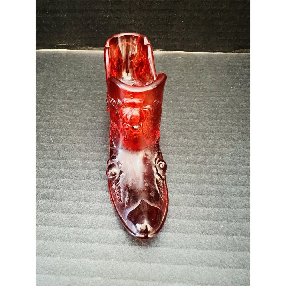 Fenton Art Glass Red Glass Rose Vintage Shoe Slipper Boot Figurine Glows